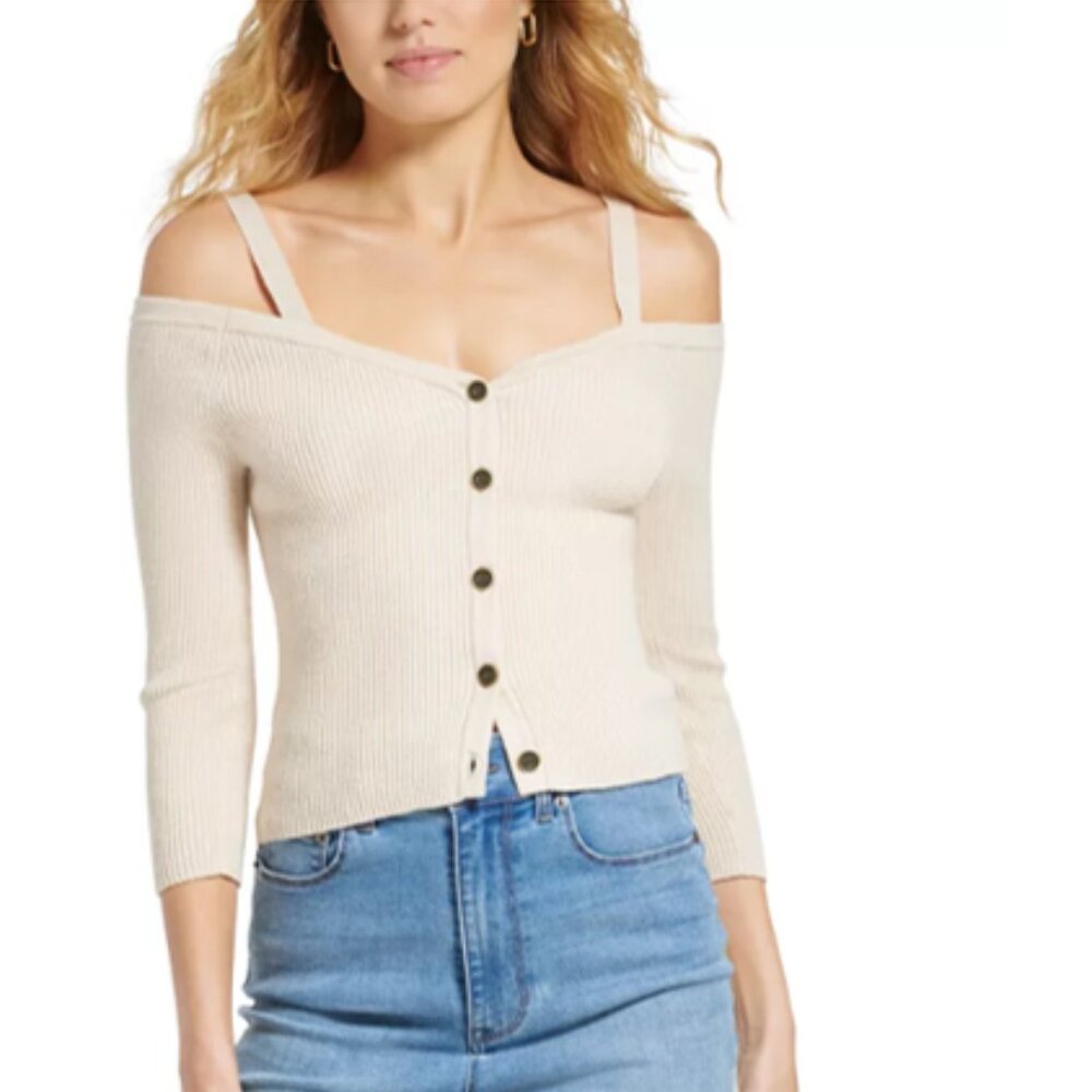 DKNY Long-Sleeve Button-Front Cold-Shoulder Sweater WOMEN XL BEIGE NEW W/TAGS